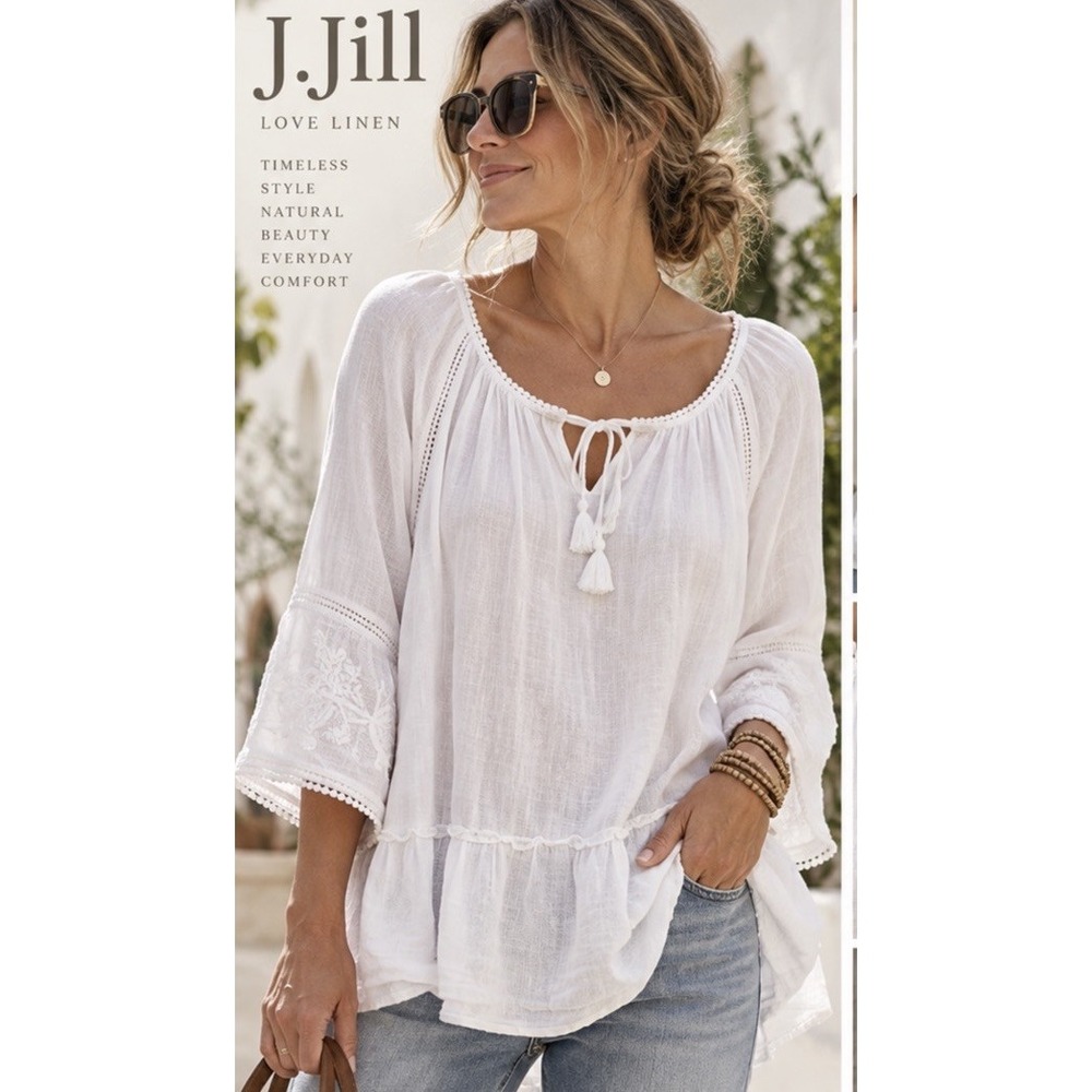 J.Jill Love Linen Blouse 2X White Embroidered Relaxed Boho Peasant Cottagecore